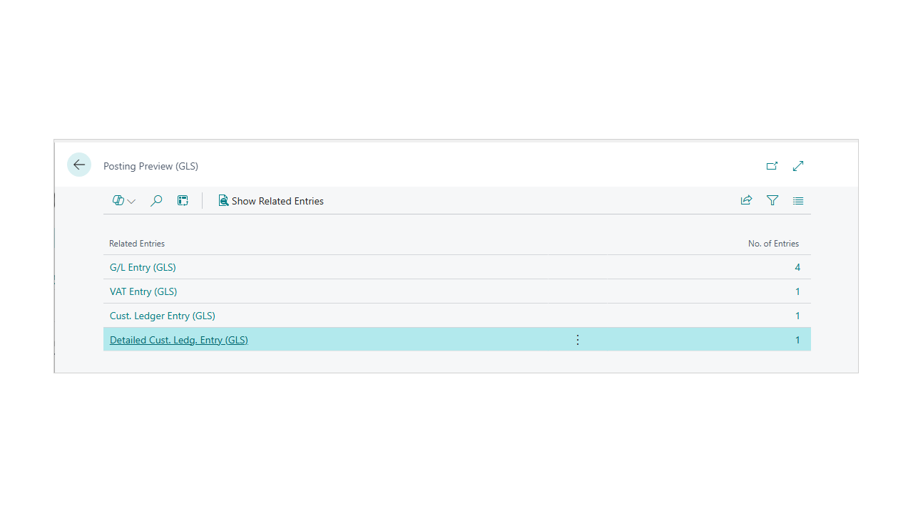 Posting Preview (GLS): the scenario entries a document will generate, shown before posting.