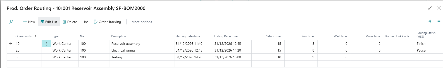 Routing Status column on the production order routing