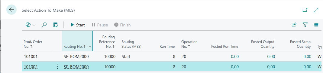 Operator selects Start, Pause or Finish on a routing operation