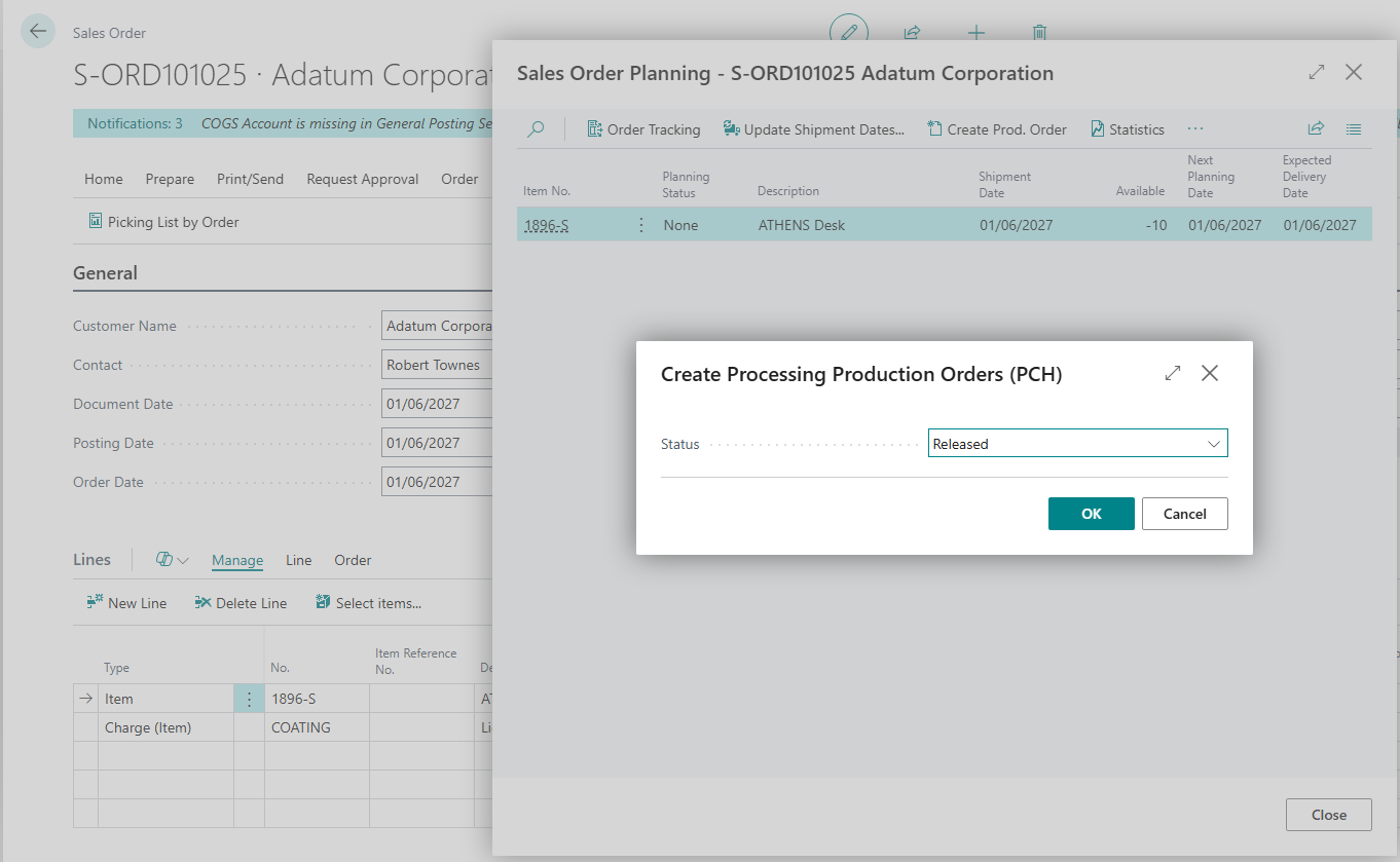 Create Processing Production Orders dialog